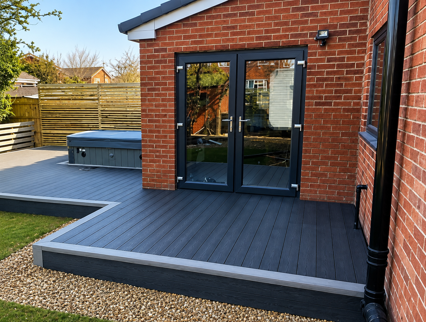 Dark grey composite decking against the rear of a house