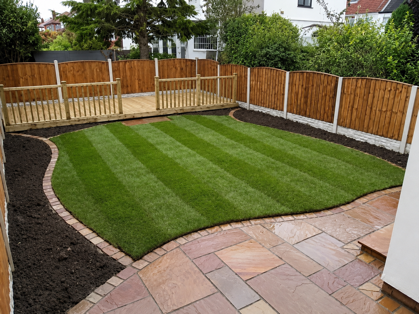 Freshly laid striped lawn bordered by fencing and patio
